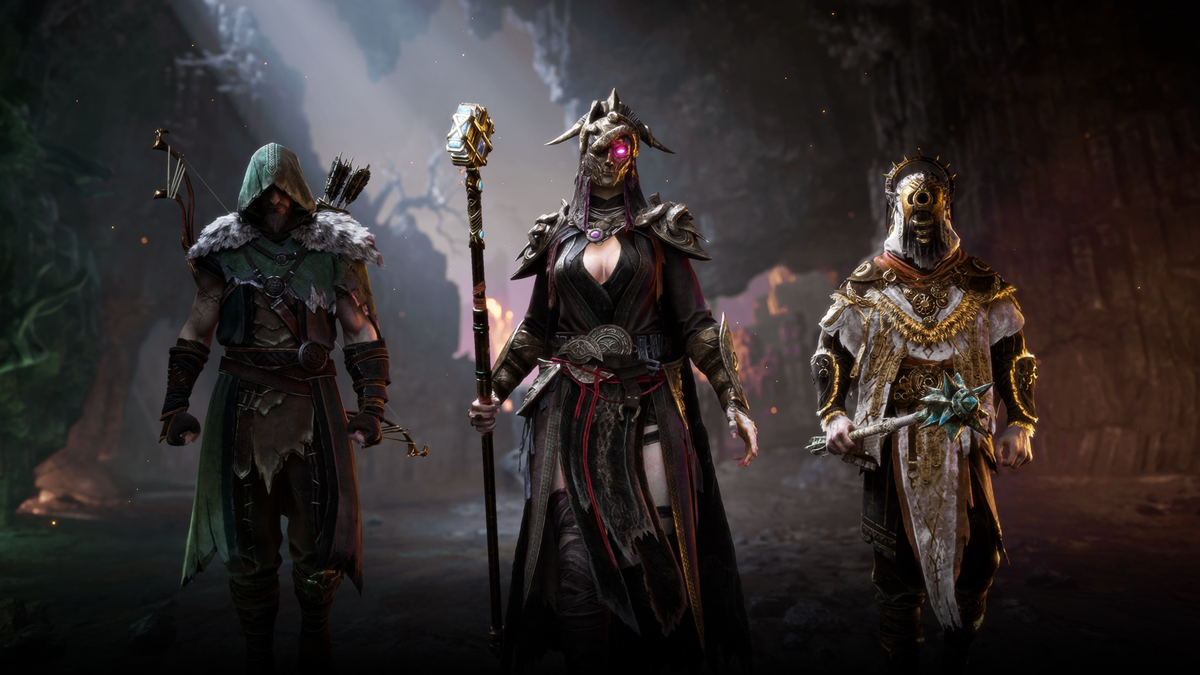 Mistfall Hunter characters standing in a dark cavern